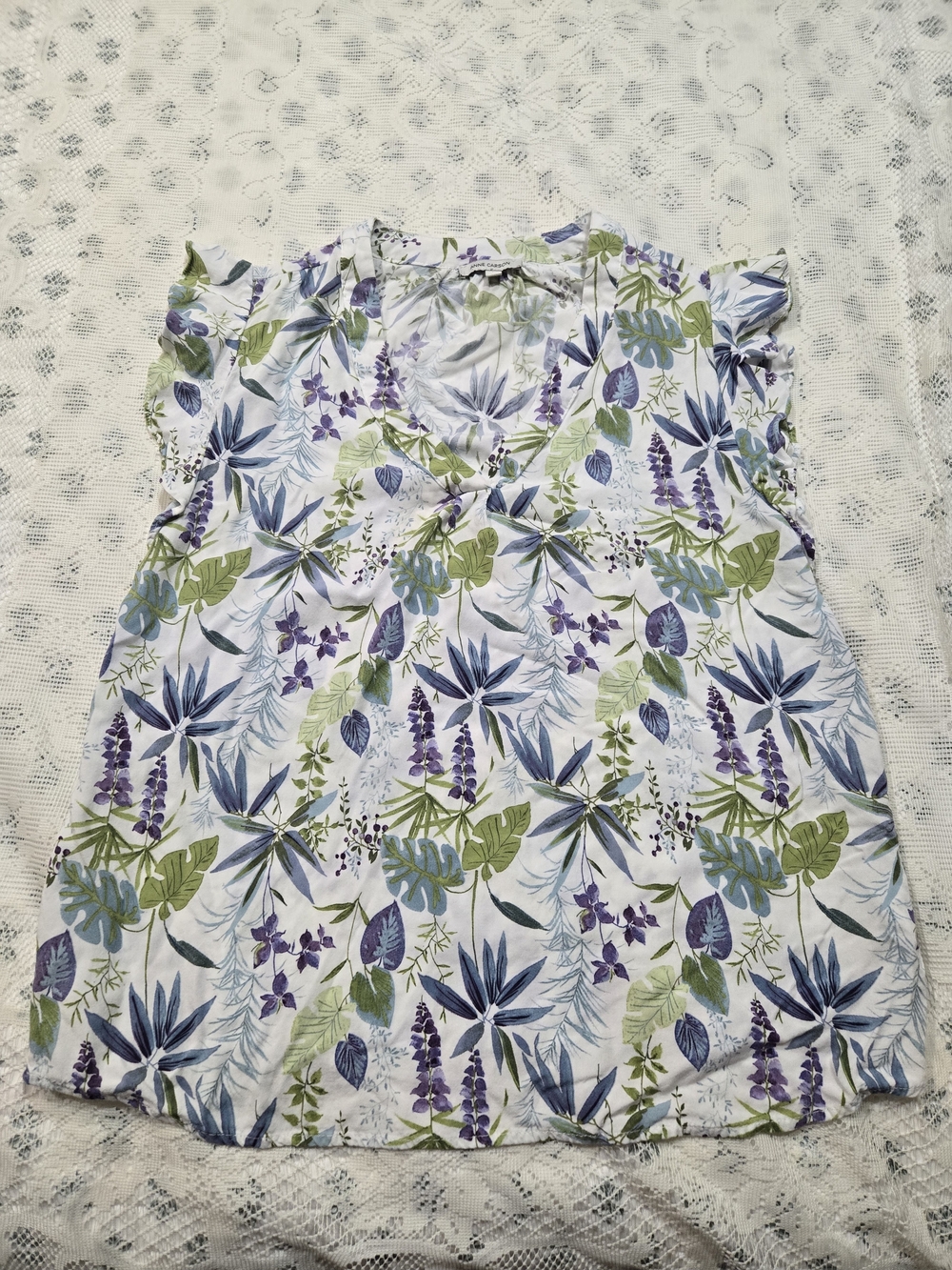 Anne Carson White Blouse with Green and Lavender Botanical Print